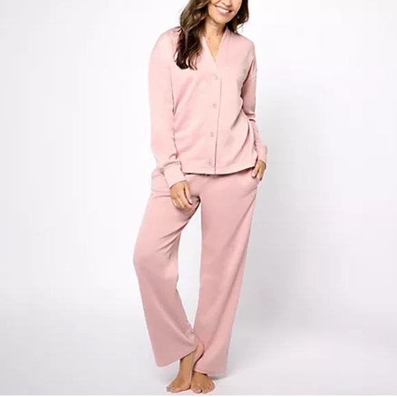 Berkshire Homewear French Terry Cardigan & Flare Pant Set | Size 1X | Pink - Picture 1 of 11